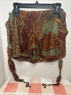Junglee Billee size L/XL Boho Paisley Tie-Detail Shorts in Brown & Teal (3)